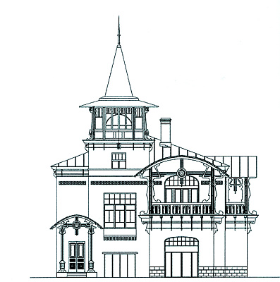 Особняк Б.В. Остроумова, Вокзальный проспект. Главный фасад. Проект,  архитектор С.А. Венсан (?). До 1903; реализован в 1908. Источник: Козыренко Н.Е. и др. Архитектурное наследие Харбина. Хабаровск, 2015. С. 378