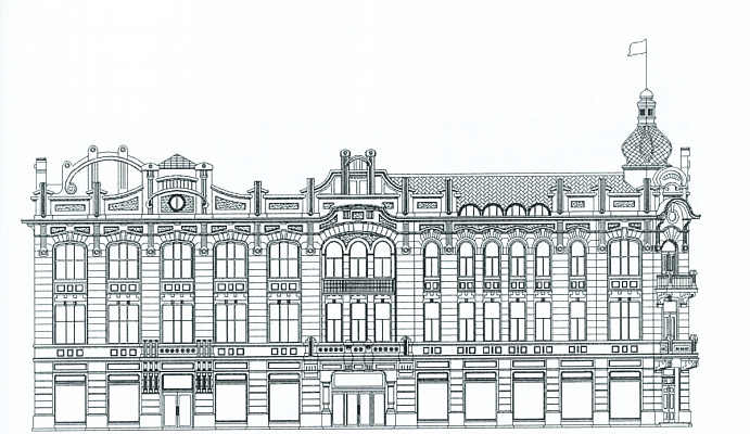 Главный фасад гостиницы  «Модерн» по Китайской улице. Чертеж (воссоздание в цифровом формате по архивным фотографиям). Источник: Козыренко Н.Е., Ян Хунвей, Иванова А.П. Архитектурное наследие Харбина. Хабаровск, 2015. С. 421