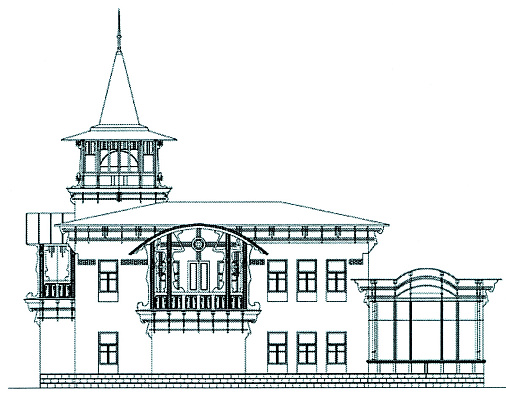 Особняк Б.В. Остроумова, Вокзальный проспект. Дворовый фасад. Проект,  архитектор С.А. Венсан (?). До 1903; реализован в 1908. Источник: Козыренко Н.Е. и др. Архитектурное наследие Харбина. Хабаровск, 2015. С. 378