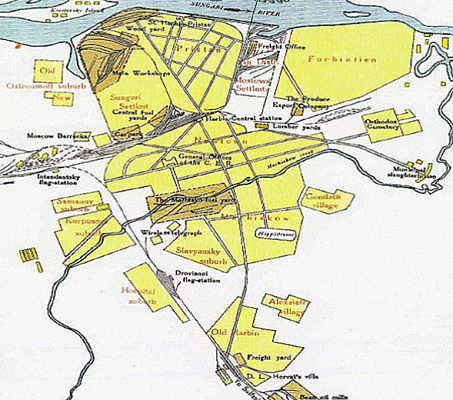 Карта Харбина с обозначенным поместьем Д.Л. Хорвата. В районе Старый Харбин (Old Harbin) недалеко от железнодорожной ветки на Владивосток видна D.L. Horvat's vila. Около 1905